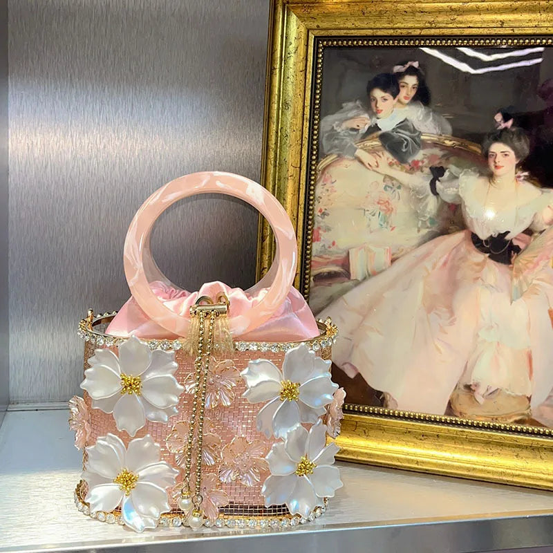 Hollow Out Metal Cage Handbag Women's Flower Clutch Purse Crystal Shiny Rhinestone Diamond Evening Bag Wedding Party