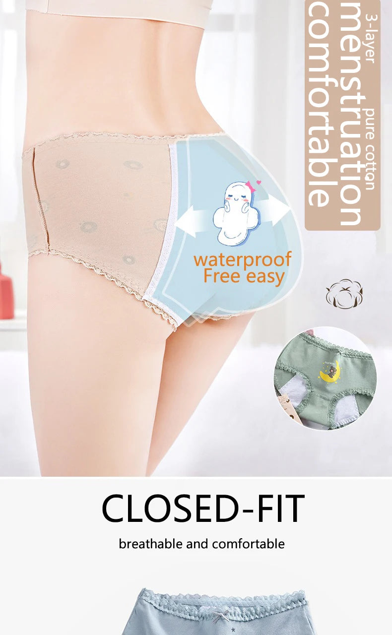 3pcs Menstrual Panties Girls Mid Waist Cartoon Bear Cotton Period Briefs Soft Leak proof Absorbent Incontinence Underwear S-XL
