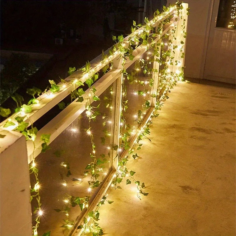 2M Green Leaf Artificial Ivy Vine LED Light for Home Room Decor Wedding Party Decoration Christmas Wall Plant Wreath Fake Plant