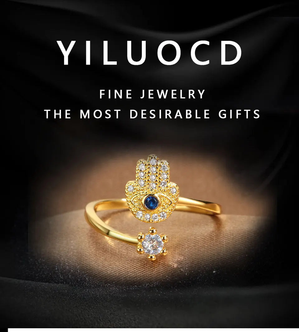 YILUOCD Hamsa Fatima's Hand Open Rings Turkish Blue Cubic Zircon Evil Eye Ring Protection Amulet Islamic Jewish Jewelry