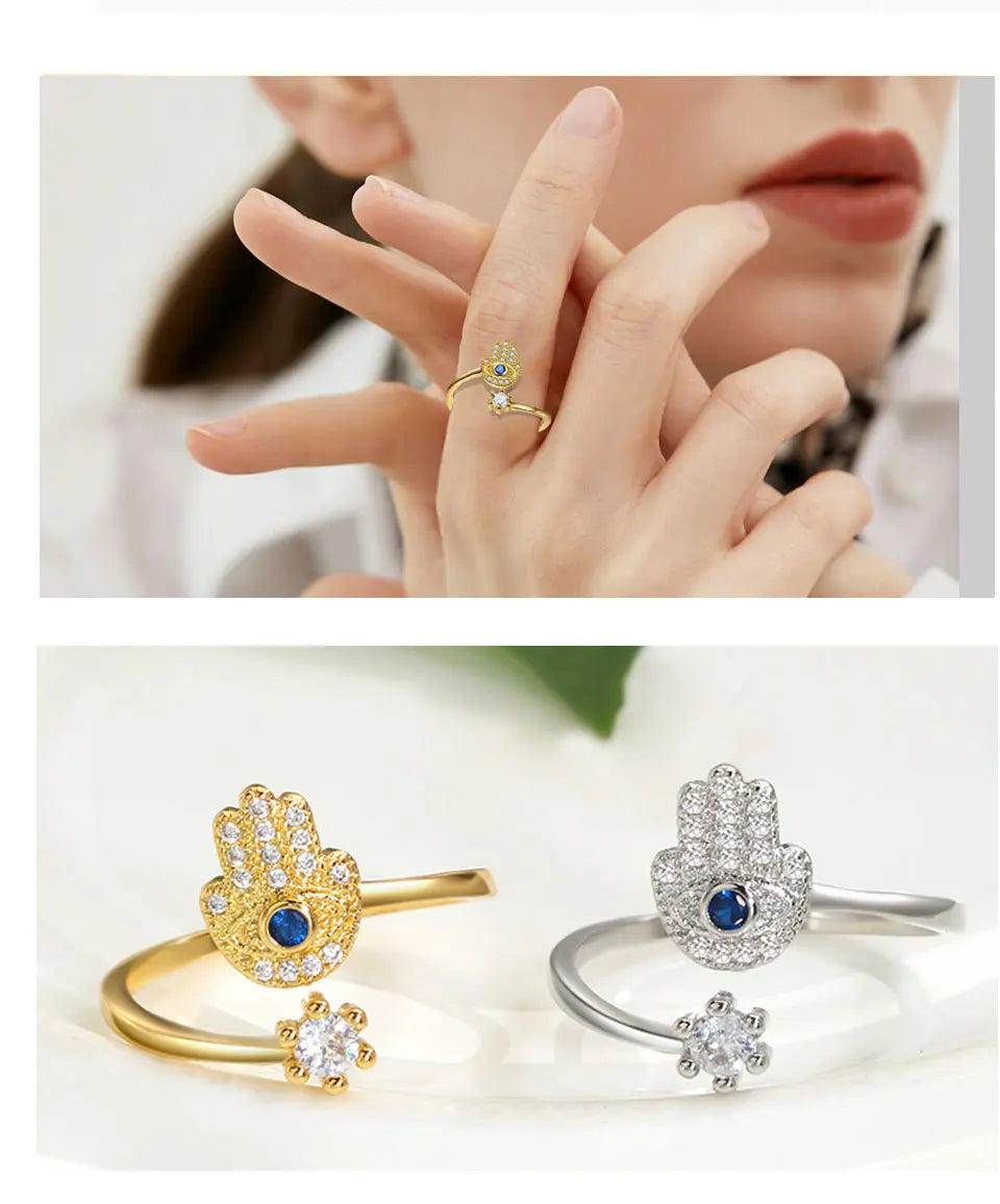 YILUOCD Hamsa Fatima's Hand Open Rings Turkish Blue Cubic Zircon Evil Eye Ring Protection Amulet Islamic Jewish Jewelry