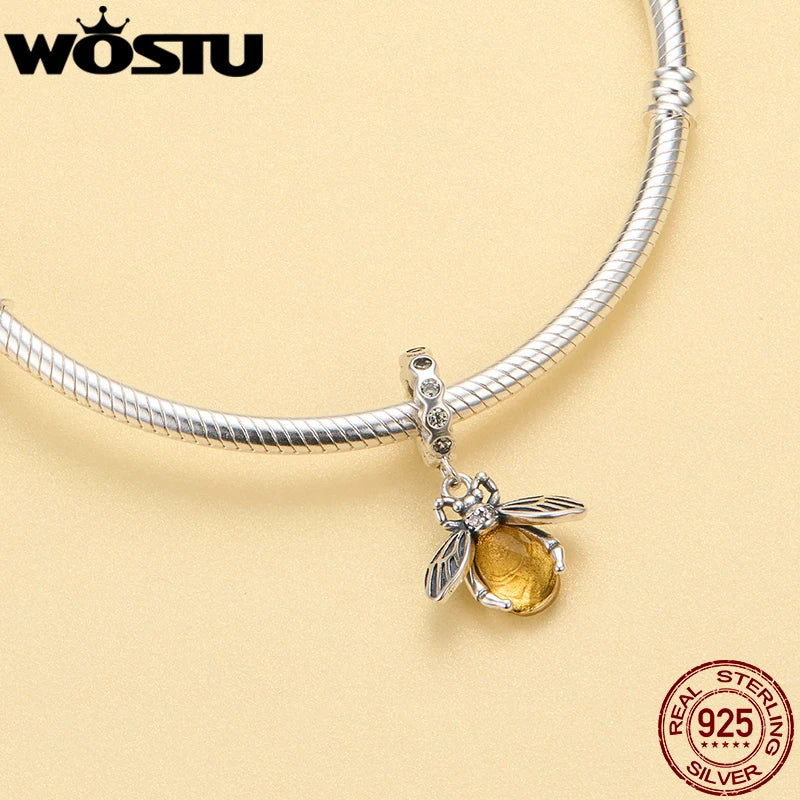 WOSTU 925 Sterling Silver Animal Cat Charm Pendant Heart Family Ladybug Bee Beads Fit Original Bracelet DIY Jewelry For Women