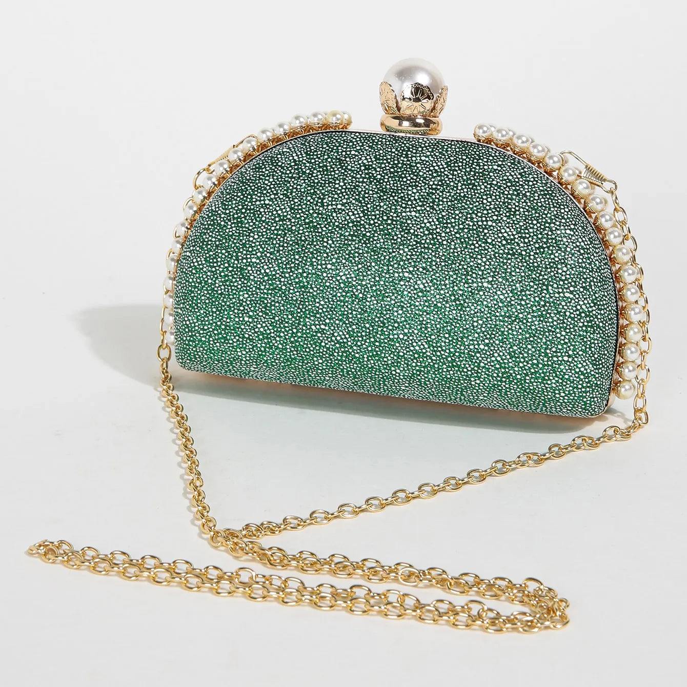 1PC Luxury Faux Pearl Decor Evening Bag,Big Faux Pearl Closure Sparkling Women's Clutch Purse For Wedding Prom Party