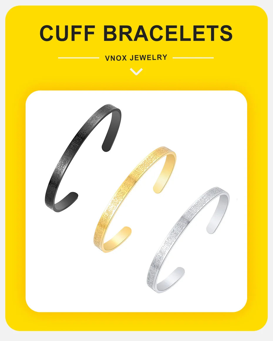 Vnox Ayatul Kursi Sutra Men Cuff Bracelet Stainless Steel Personality Islamic Muslim Calligraphy Arabic God Messenger Jewelry