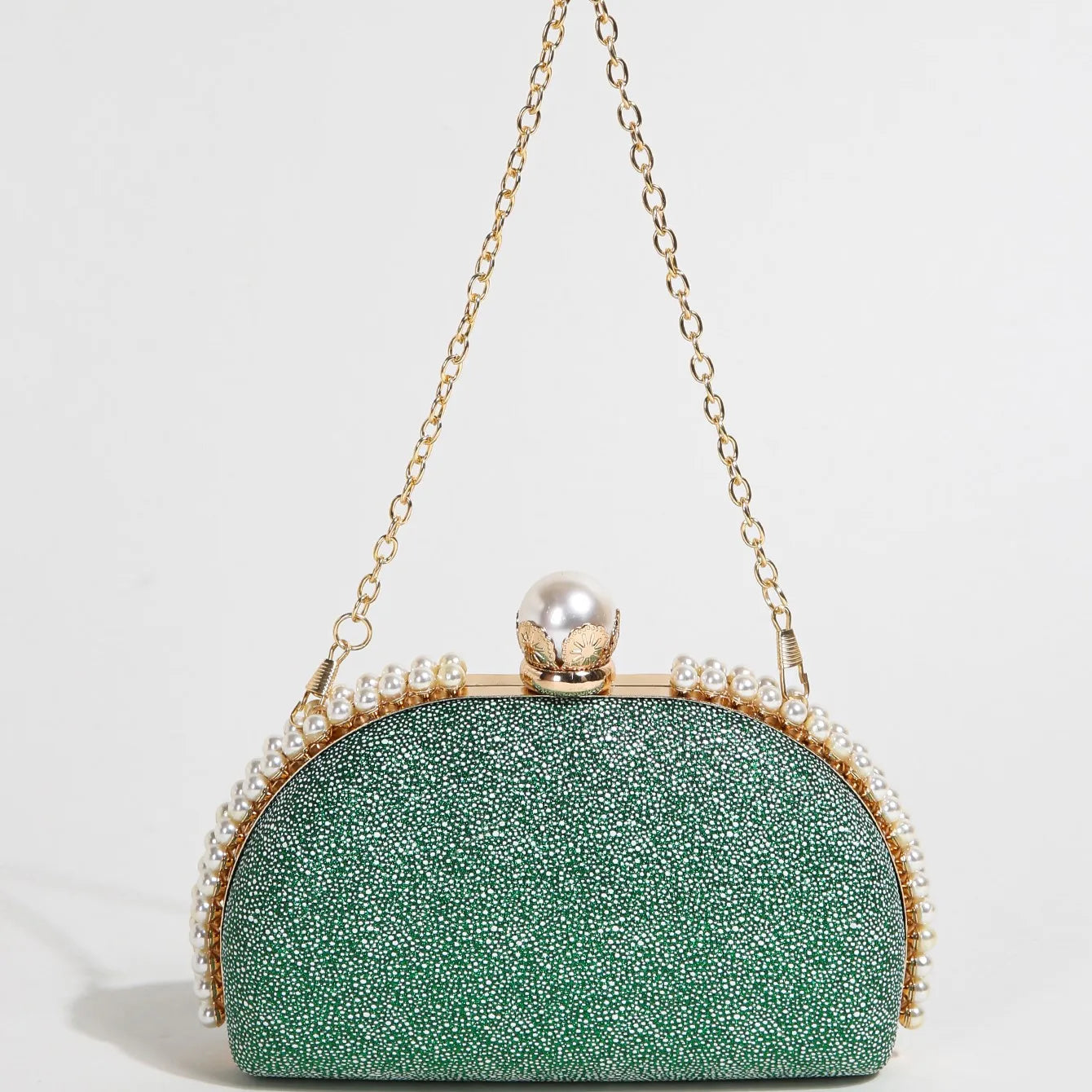 1PC Luxury Faux Pearl Decor Evening Bag,Big Faux Pearl Closure Sparkling Women's Clutch Purse For Wedding Prom Party