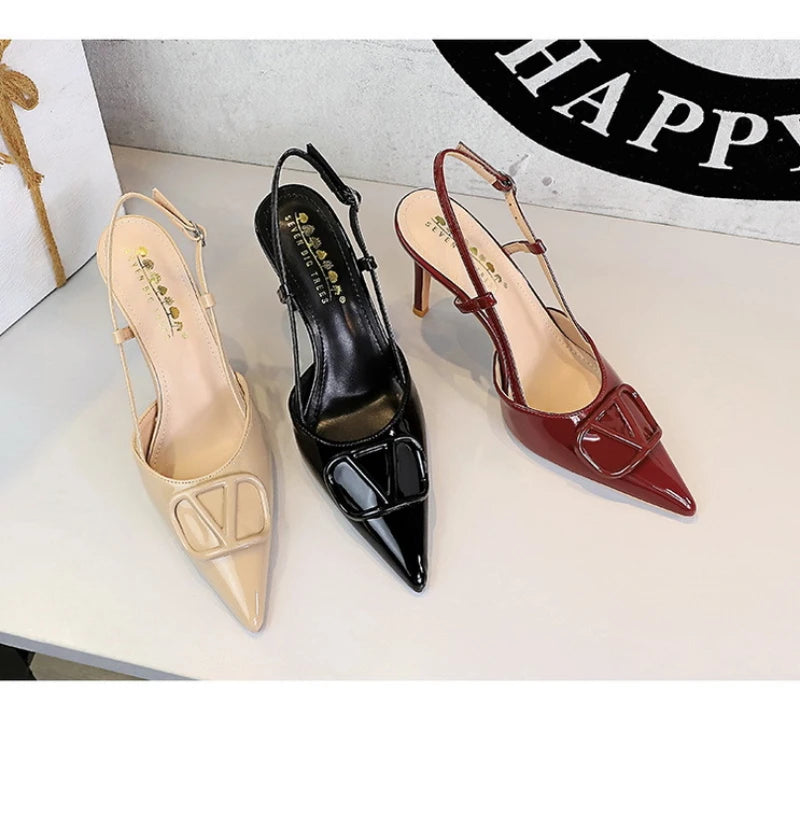 French Elegant And Fashionable V-Shaped Square Buckle Pointed High Heels For Women's Thin Heel Patent Leather Tripping Women's