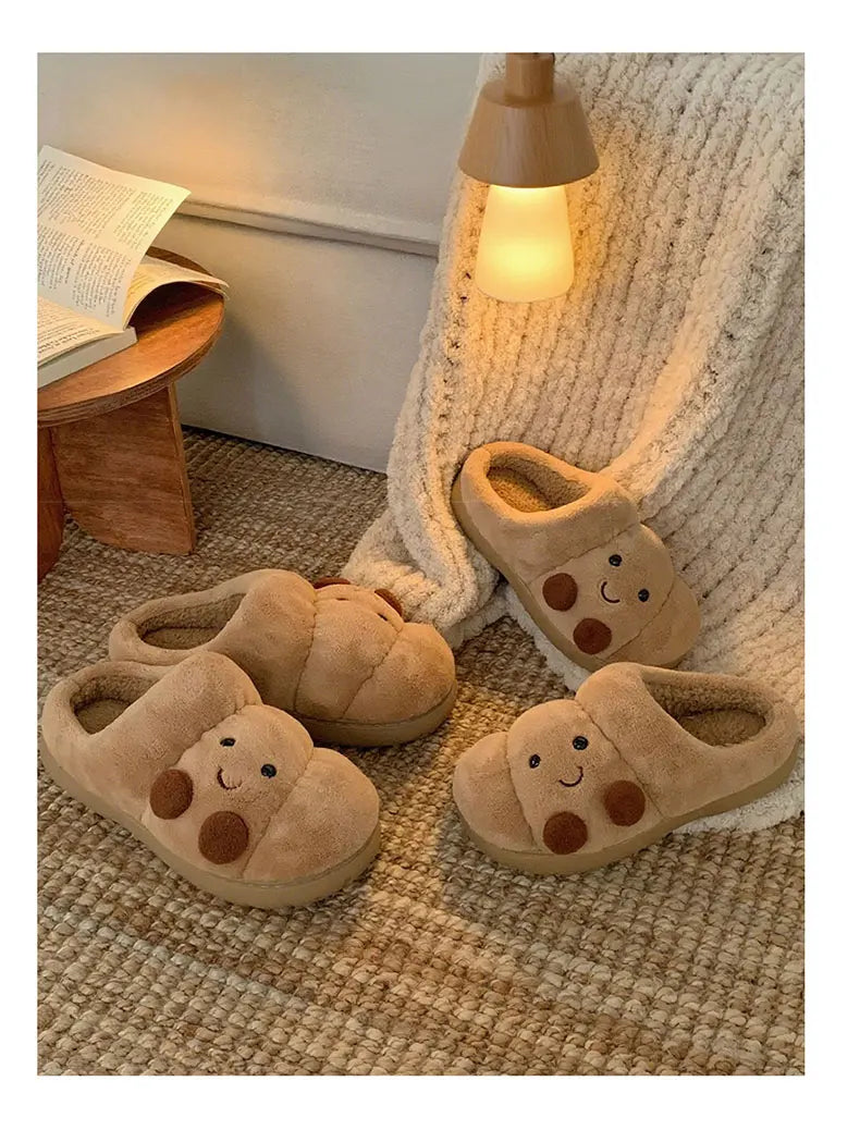 Fun Croissant Bread Cotton Slippers for Men and Women, Winter Couple Home Use, Thick-Soled Non-Slip Home Slippers for Women