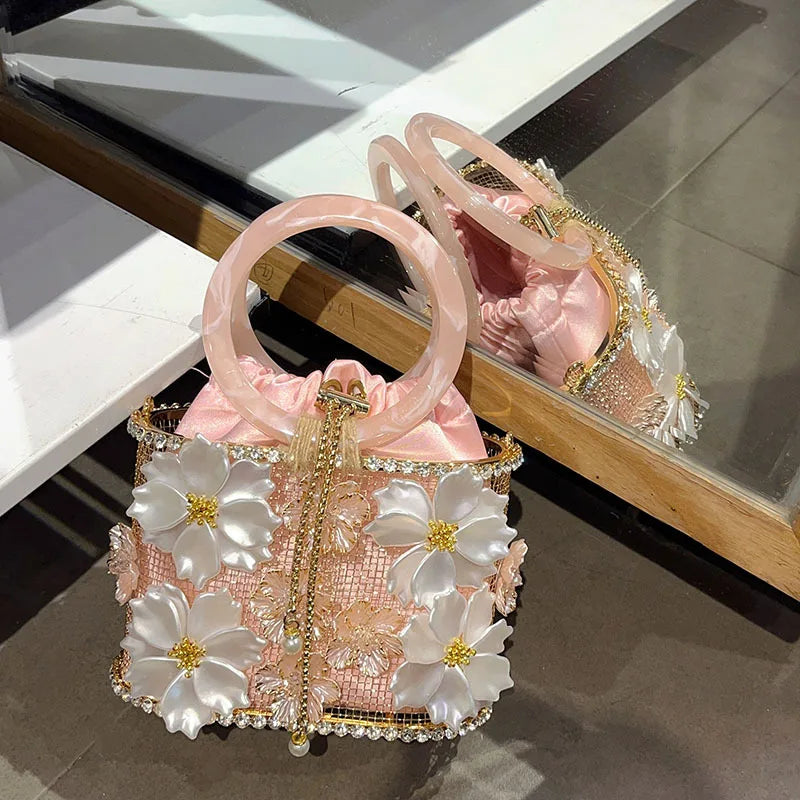 Hollow Out Metal Cage Handbag Women's Flower Clutch Purse Crystal Shiny Rhinestone Diamond Evening Bag Wedding Party