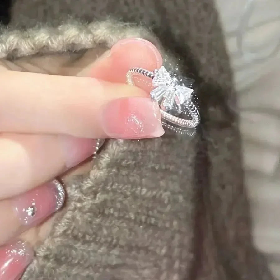 Elegant Bowknot Y2K Rings For Women Fashion Zircon Flower Rings Adjustable Exquisite Rings Design Wedding Party Jewelry Gifts