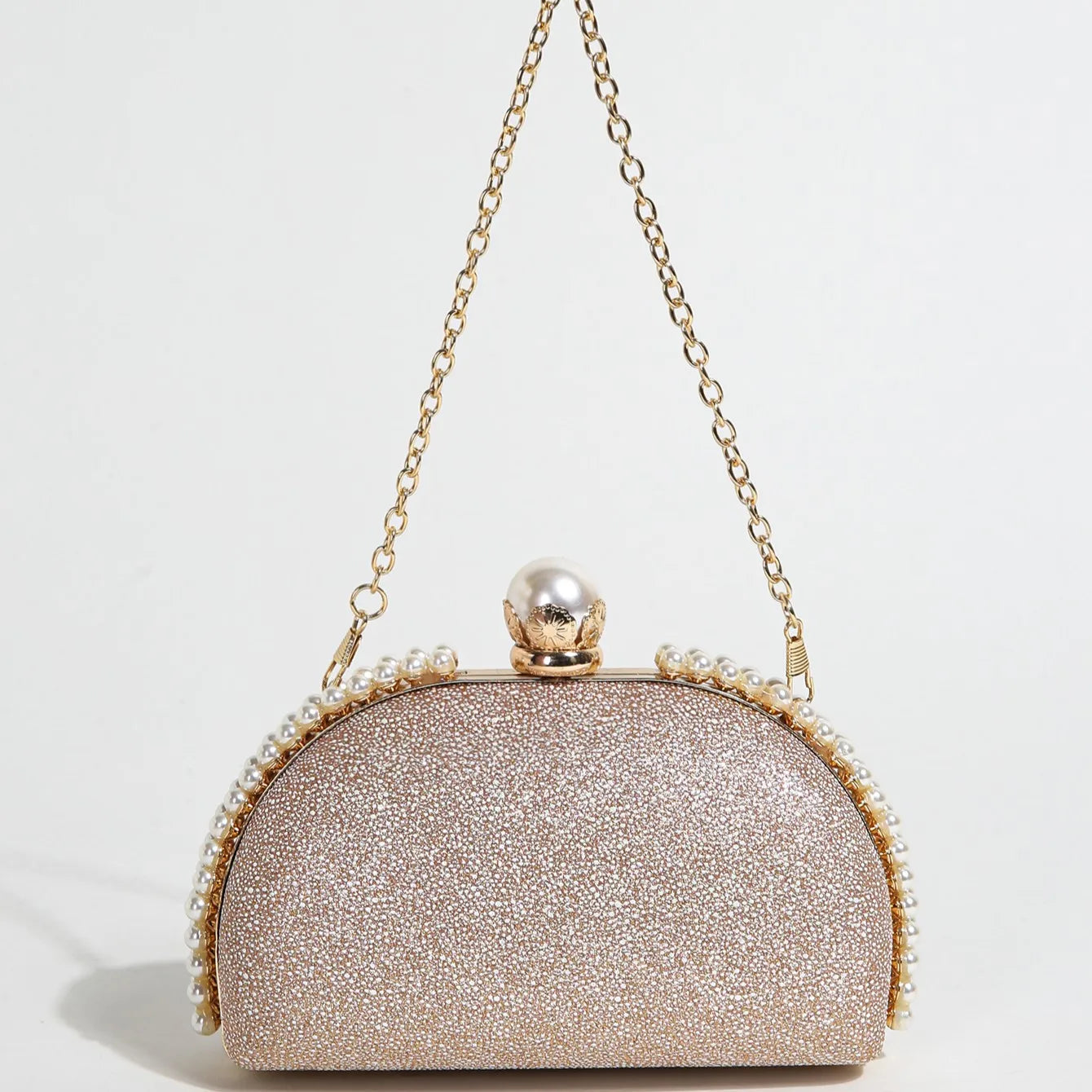 1PC Luxury Faux Pearl Decor Evening Bag,Big Faux Pearl Closure Sparkling Women's Clutch Purse For Wedding Prom Party