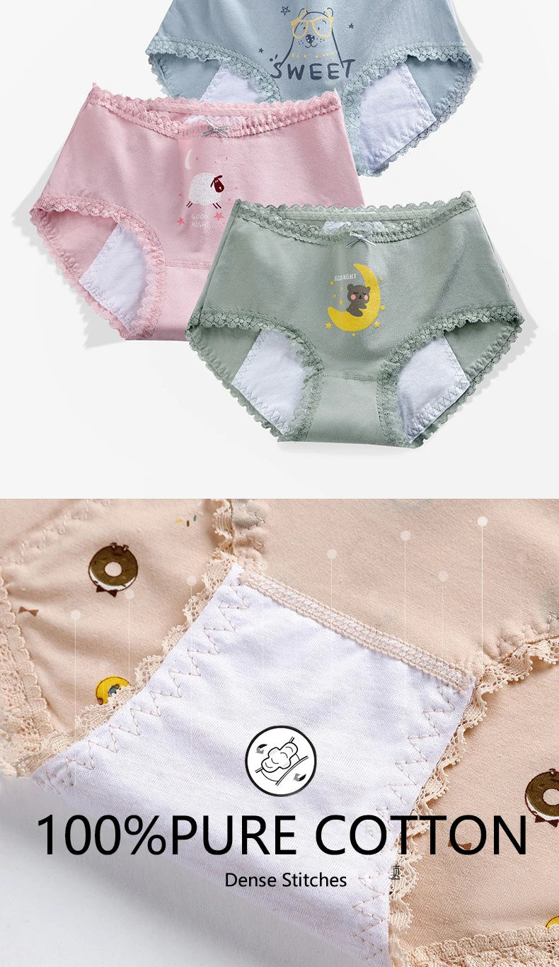 3pcs Menstrual Panties Girls Mid Waist Cartoon Bear Cotton Period Briefs Soft Leak proof Absorbent Incontinence Underwear S-XL