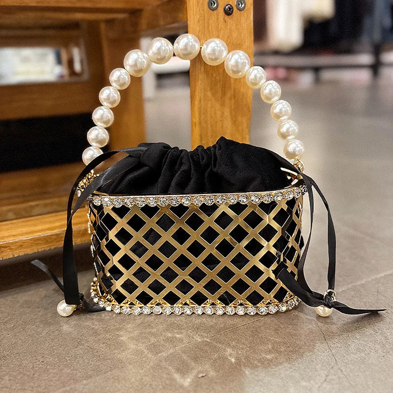 Fashion Pearl Beaded Handheld Women Handbag Gold Metal Cage Glitter Diamond Evening Bag Wedding Party Clutch Purse Crossbody Bag