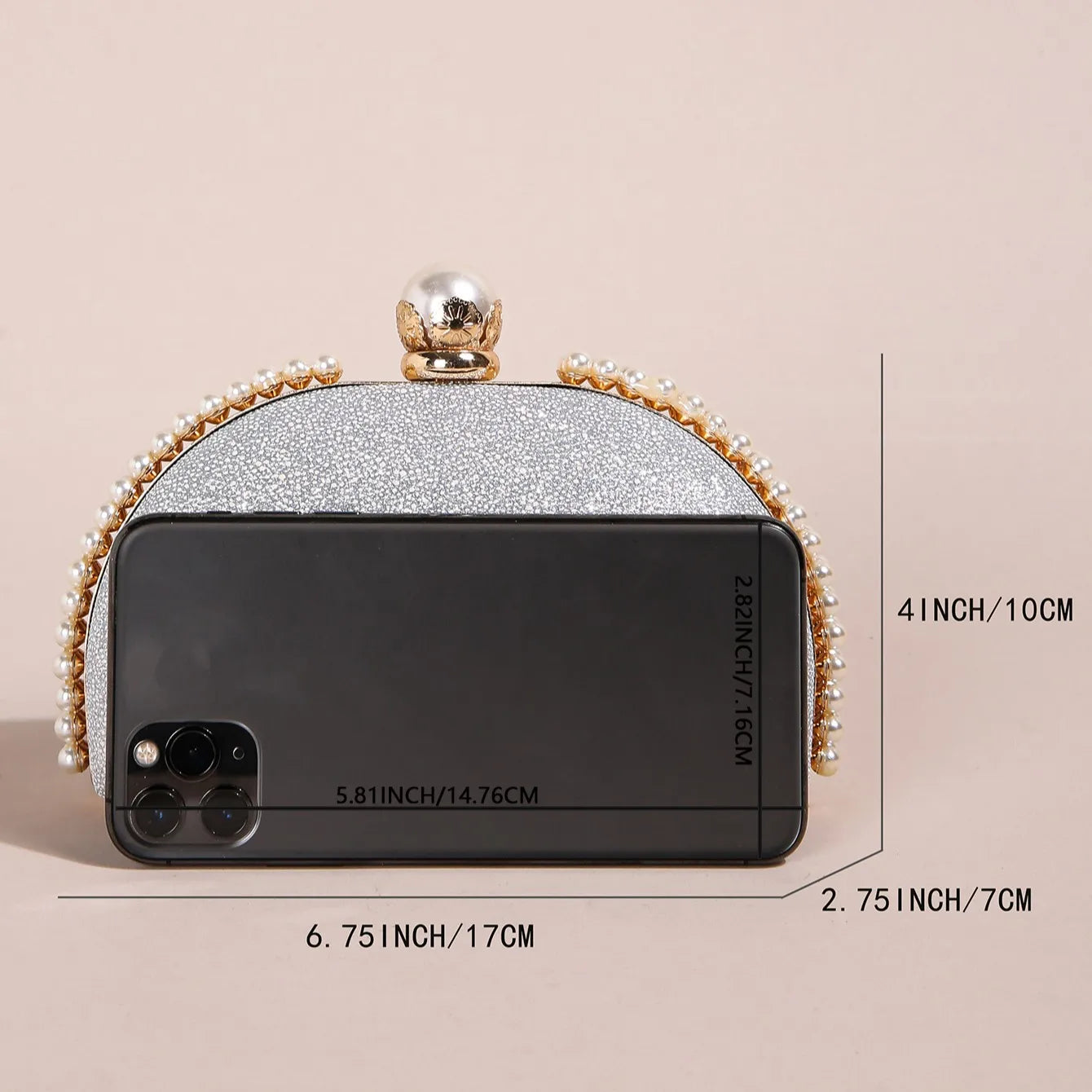 1PC Luxury Faux Pearl Decor Evening Bag,Big Faux Pearl Closure Sparkling Women's Clutch Purse For Wedding Prom Party