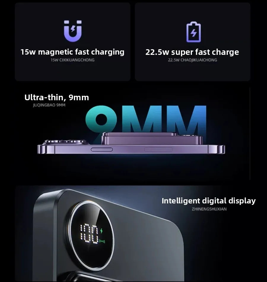 JZD 10000mAh Ultra-thin and Compact Magnetic Wireless Power Bank with 22.5W Magsafe Fast Charging Mobile Power Source