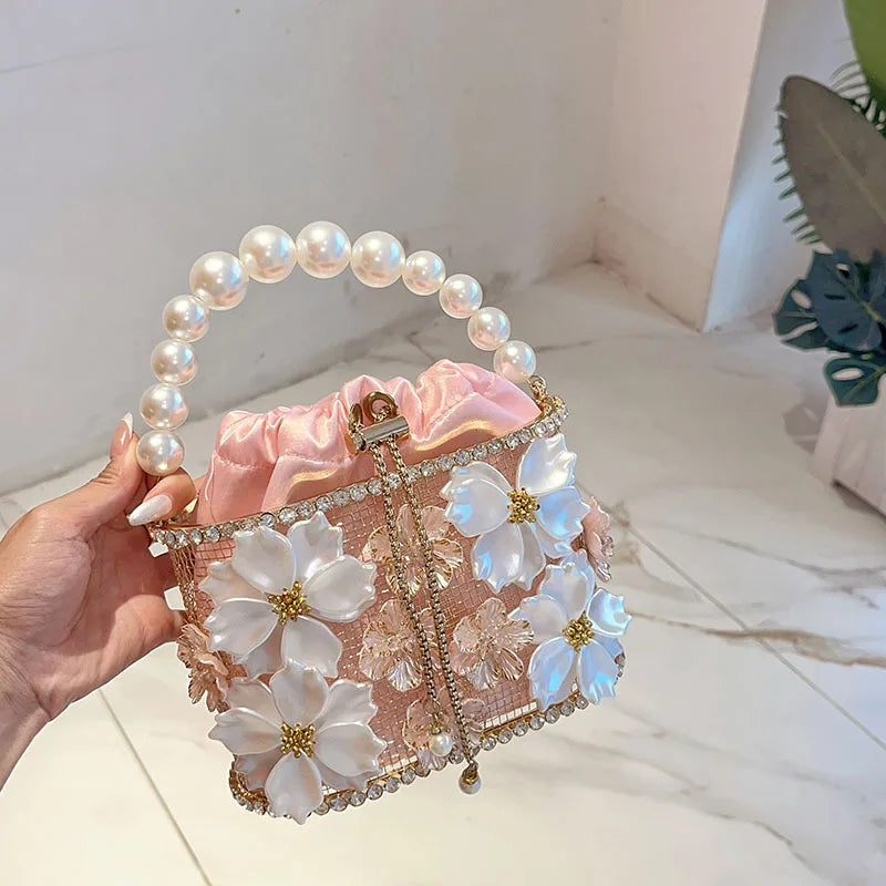 Hollow Out Metal Cage Handbag Women's Flower Clutch Purse Crystal Shiny Rhinestone Diamond Evening Bag Wedding Party