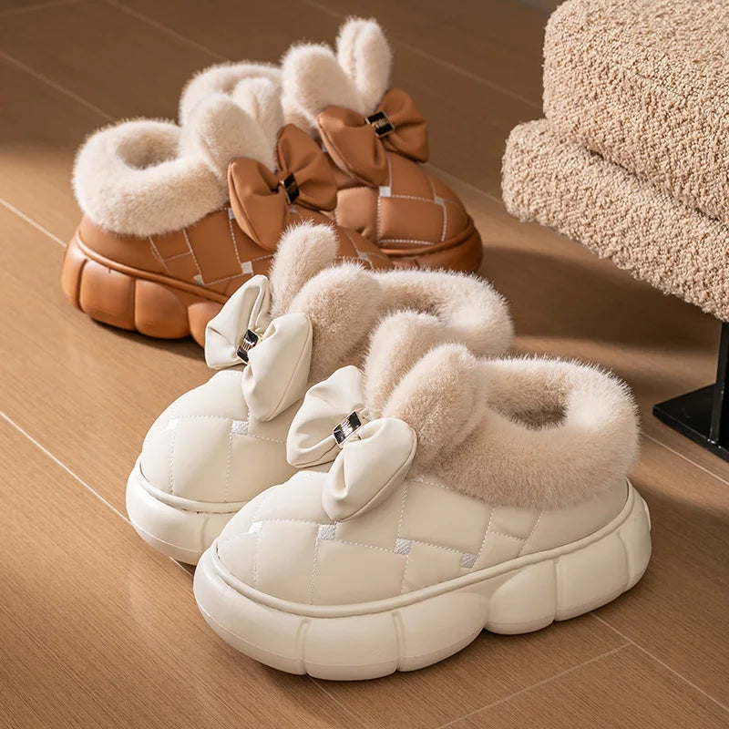 Thick soled bag with cotton slippers, women's winter new fashion bow with plush warm and waterproof snow boots for outdoor wear