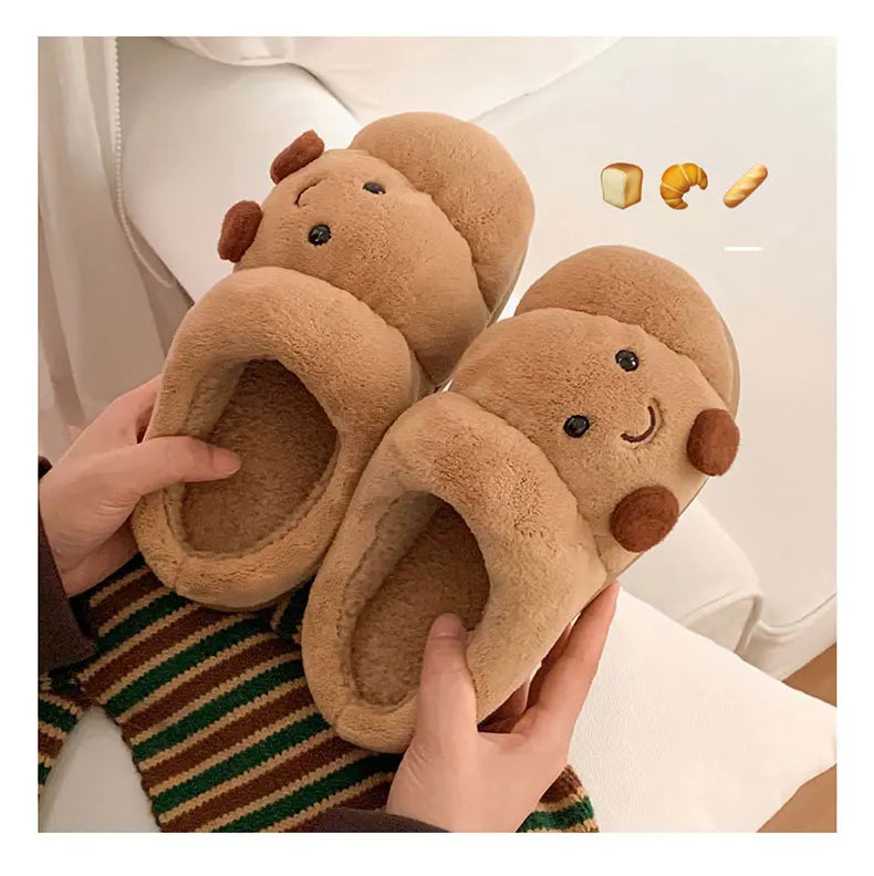 Fun Croissant Bread Cotton Slippers for Men and Women, Winter Couple Home Use, Thick-Soled Non-Slip Home Slippers for Women