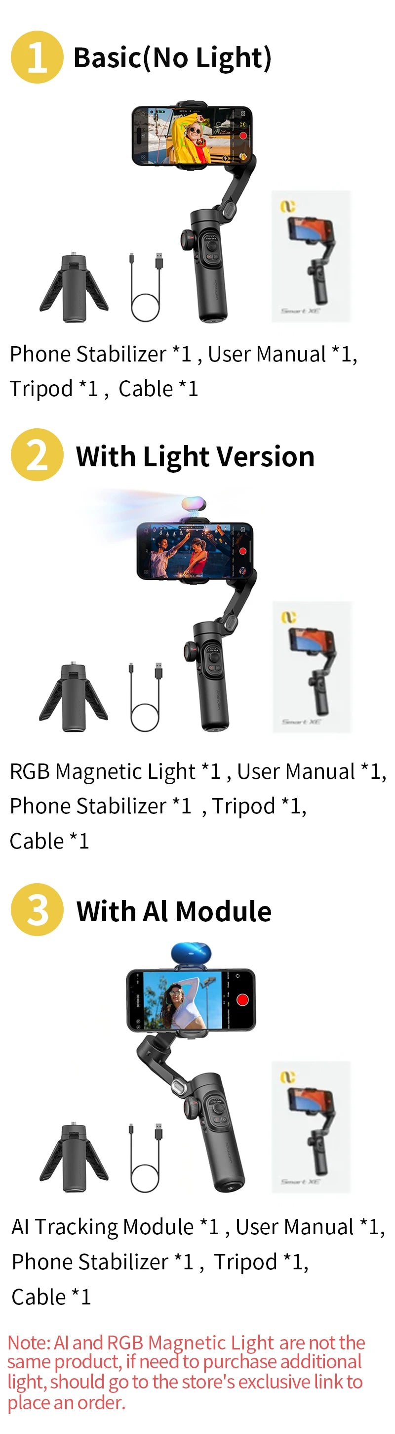 AOCHUAN 3-Axis Handheld Gimbal Stabilizer for Smartphone with Fill Light for iPhone Android Face Tracking Vlog Smart XE
