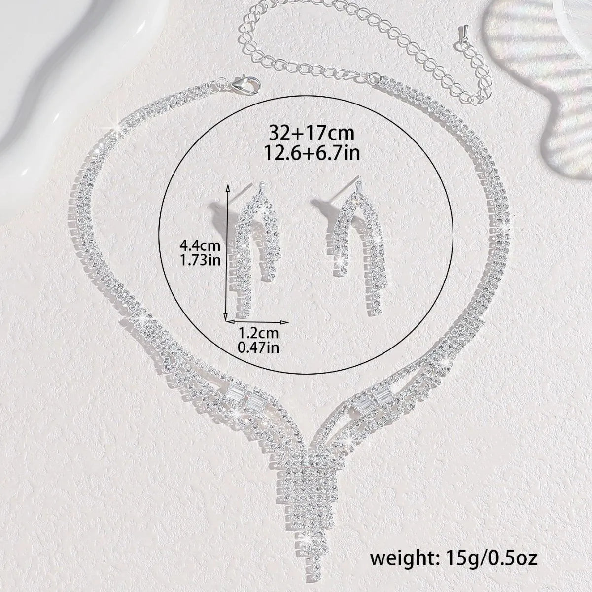 Ladies' Fashionable Silver-Plated And Diamond-Encrusted Metal Necklace, Earrings Set, Bride'S Wedding Attire And Accessories