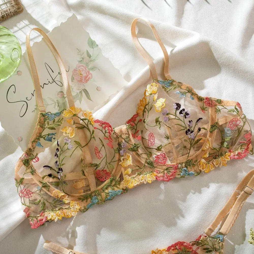 2-Piece Sexy Floral Lingerie Set Embroidery Sheer Women Underwear Boho Bra Panty Set