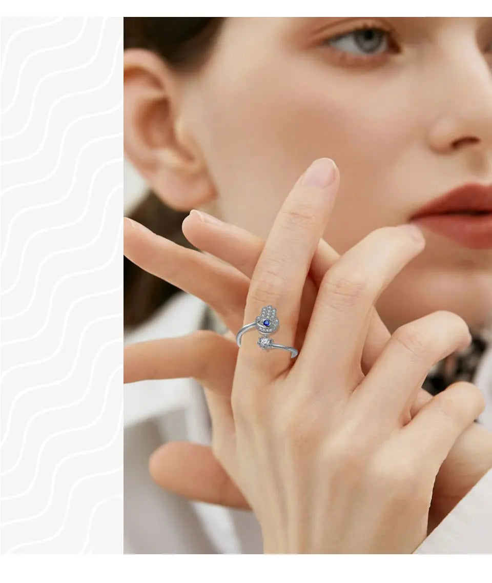 YILUOCD Hamsa Fatima's Hand Open Rings Turkish Blue Cubic Zircon Evil Eye Ring Protection Amulet Islamic Jewish Jewelry