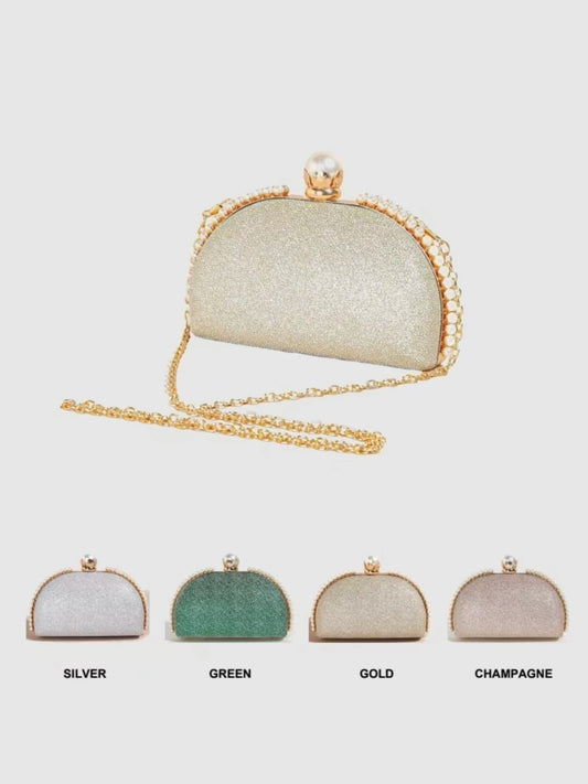 1PC Luxury Faux Pearl Decor Evening Bag,Big Faux Pearl Closure Sparkling Women's Clutch Purse For Wedding Prom Party