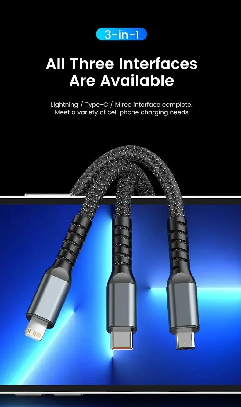 Luminous data cable 3 in1 mobile phone charging cable 100W fast charge braid typec data cable for iPhone Samsung Xiaomi Huawei
