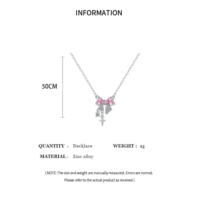 Fashion Fairy Pink Crystal Bow Knot Pendant Necklaces Y2K Girls Sweet Rhinestone Heart Clavicle Chain Women Jewelry Gifts