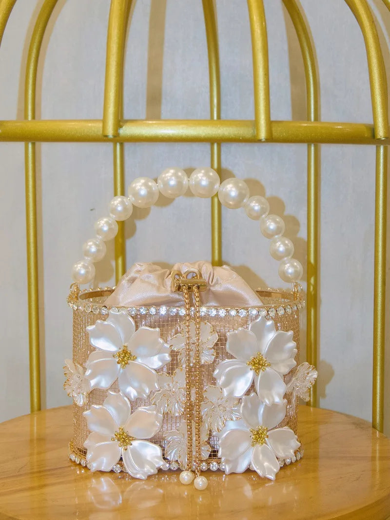 Hollow Out Metal Cage Handbag Women's Flower Clutch Purse Crystal Shiny Rhinestone Diamond Evening Bag Wedding Party
