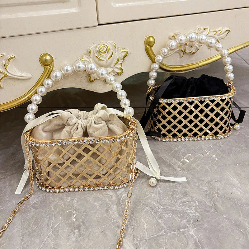 Fashion Pearl Beaded Handheld Women Handbag Gold Metal Cage Glitter Diamond Evening Bag Wedding Party Clutch Purse Crossbody Bag