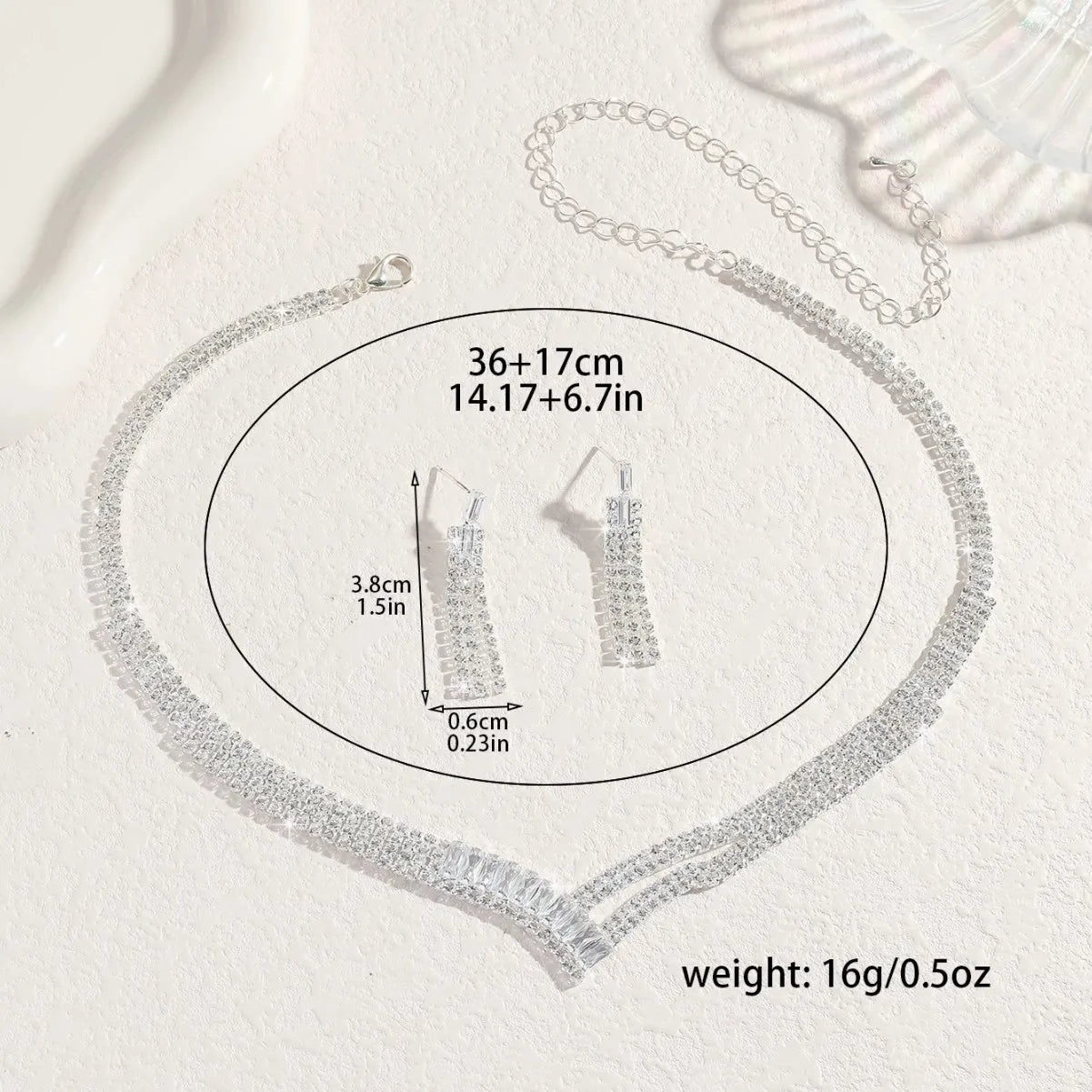 Ladies' Fashionable Silver-Plated And Diamond-Encrusted Metal Necklace, Earrings Set, Bride'S Wedding Attire And Accessories