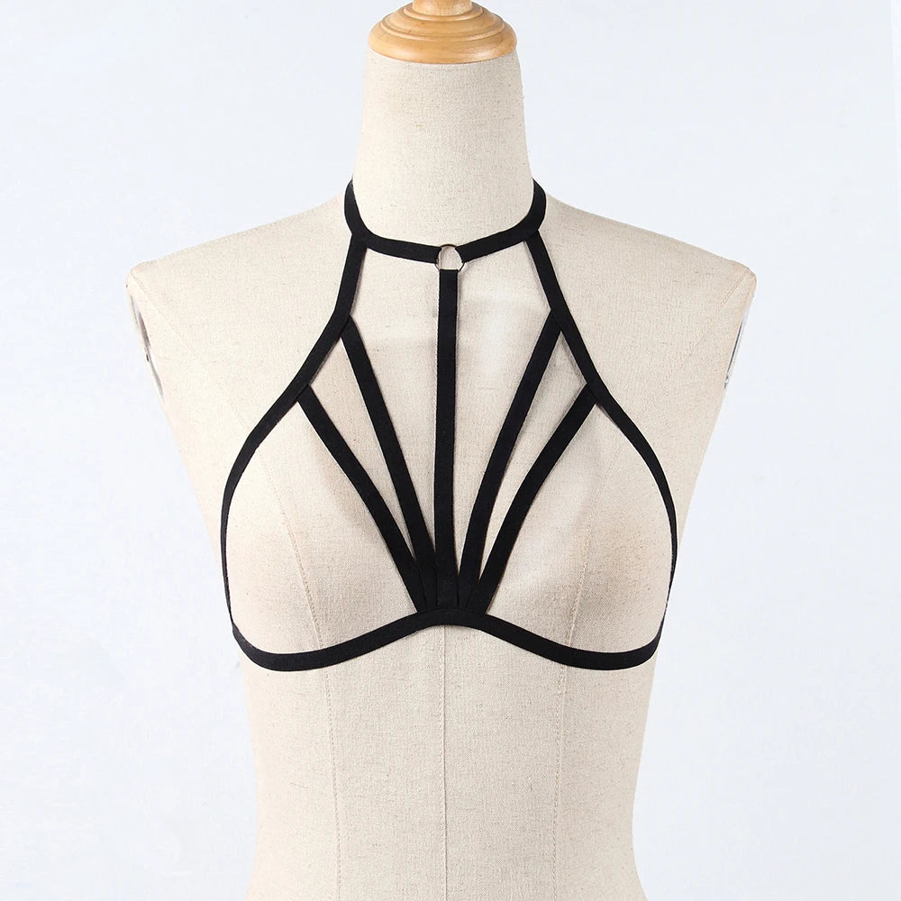 Women Goth Sexy Elastic Harness Bandage Bustier Hollow Cage Bra Tops Bralette Lingerie Tanks Lady See Through Exotic Apparel