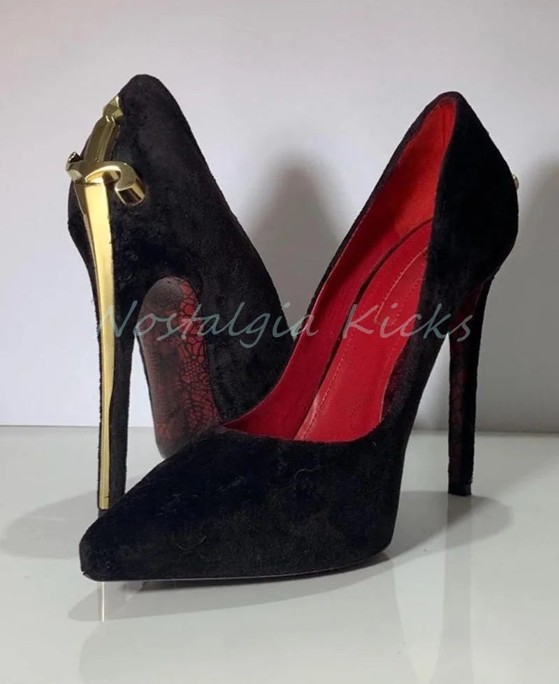 Fashion Suede Stiletto Heel Sword Design Pumps Pointed Toe Metal Embellished Elegant Evening Shoes Party Ladies Dress Shoes
