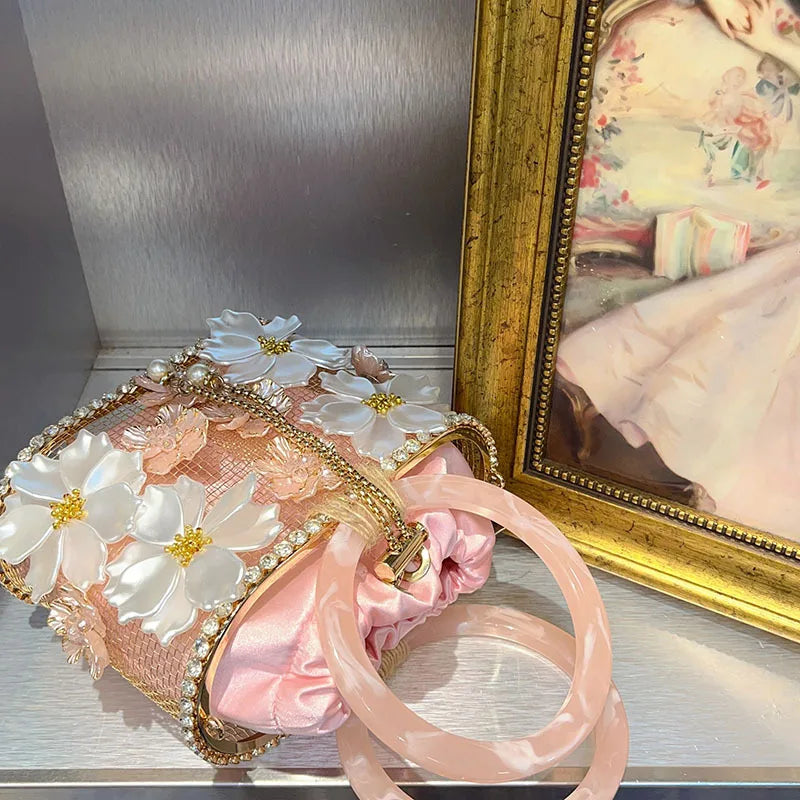 Hollow Out Metal Cage Handbag Women's Flower Clutch Purse Crystal Shiny Rhinestone Diamond Evening Bag Wedding Party