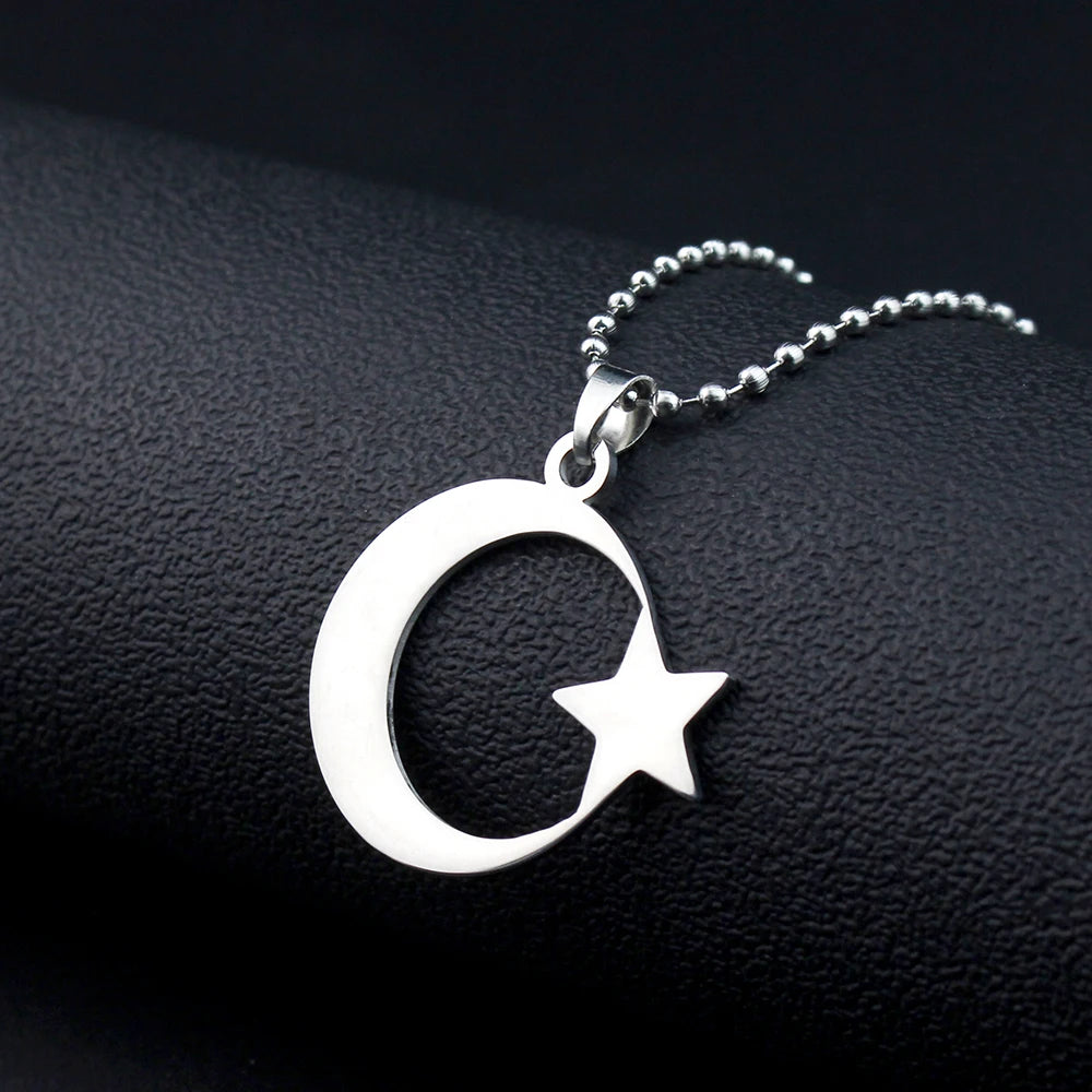 Stainless Steel Crescent Moon Star Necklace For Men Women Spiritual Islamic Muslim Amulet Pendant Turkish Religious Jewelry ﻿