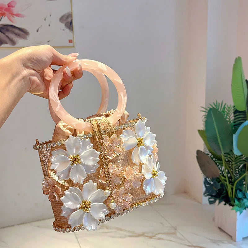 Hollow Out Metal Cage Handbag Women's Flower Clutch Purse Crystal Shiny Rhinestone Diamond Evening Bag Wedding Party