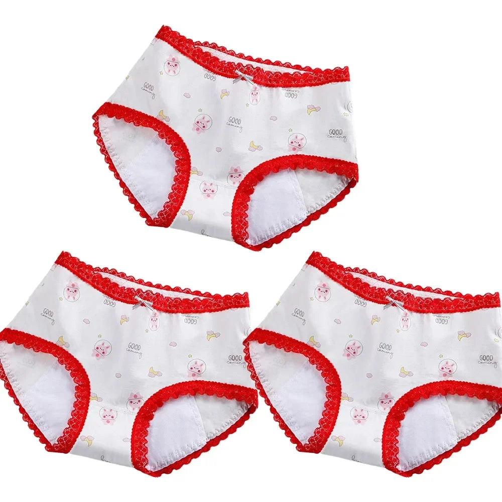 3pcs Menstrual Panties Girls Mid Waist Cartoon Bear Cotton Period Briefs Soft Leak proof Absorbent Incontinence Underwear S-XL