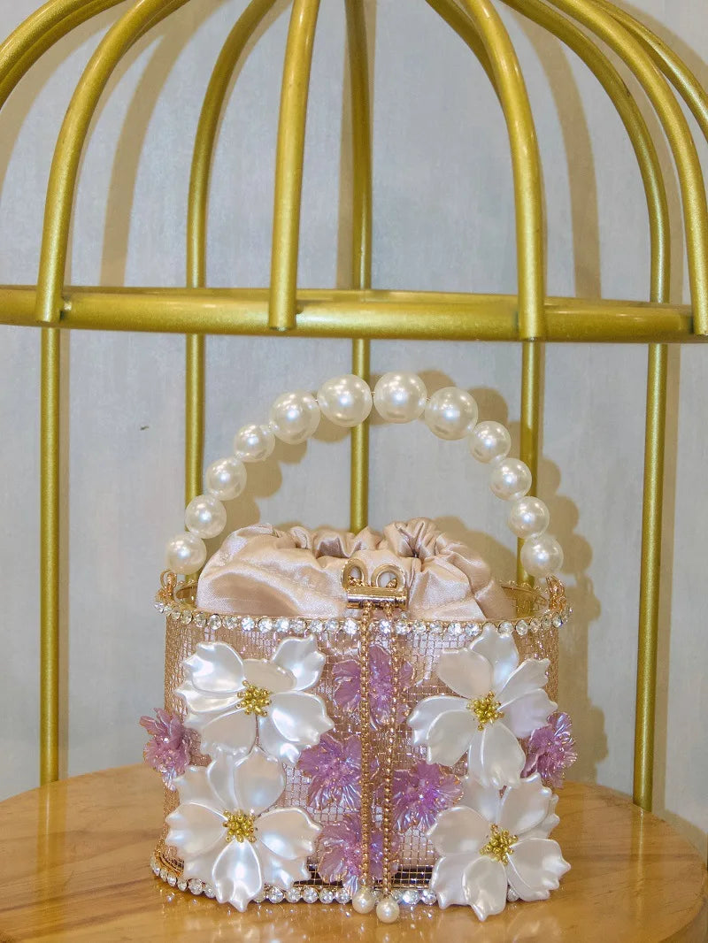 Hollow Out Metal Cage Handbag Women's Flower Clutch Purse Crystal Shiny Rhinestone Diamond Evening Bag Wedding Party