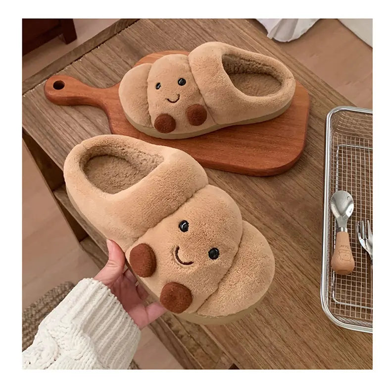 Fun Croissant Bread Cotton Slippers for Men and Women, Winter Couple Home Use, Thick-Soled Non-Slip Home Slippers for Women