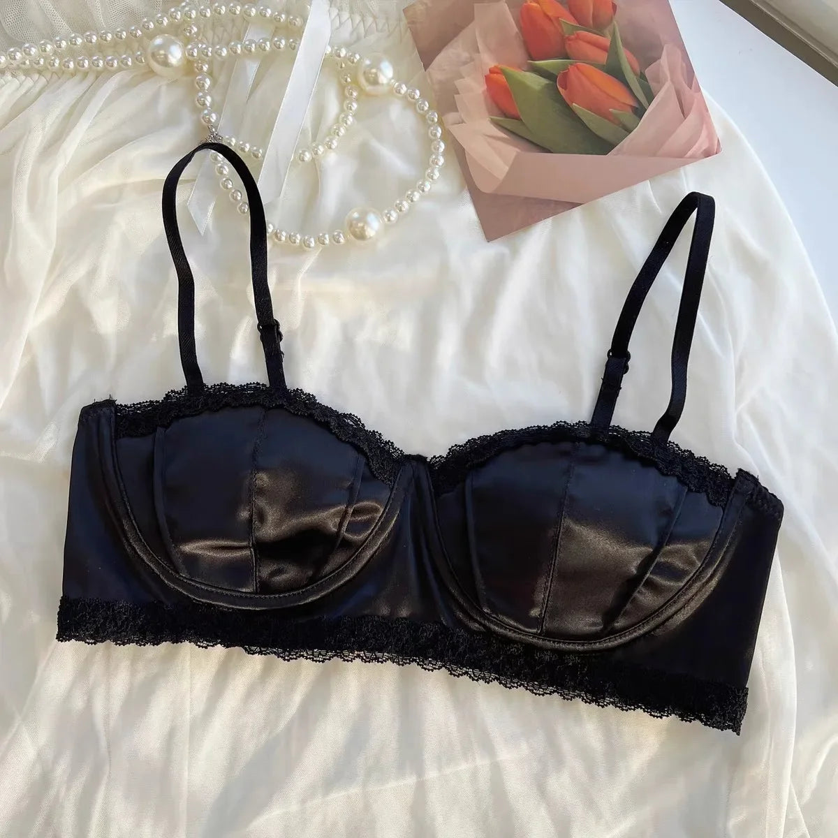 French Satin Seashell Cup Lace Rimmed Lingerie Women's Underwire Thin Half Cup Sexy Girl Bra