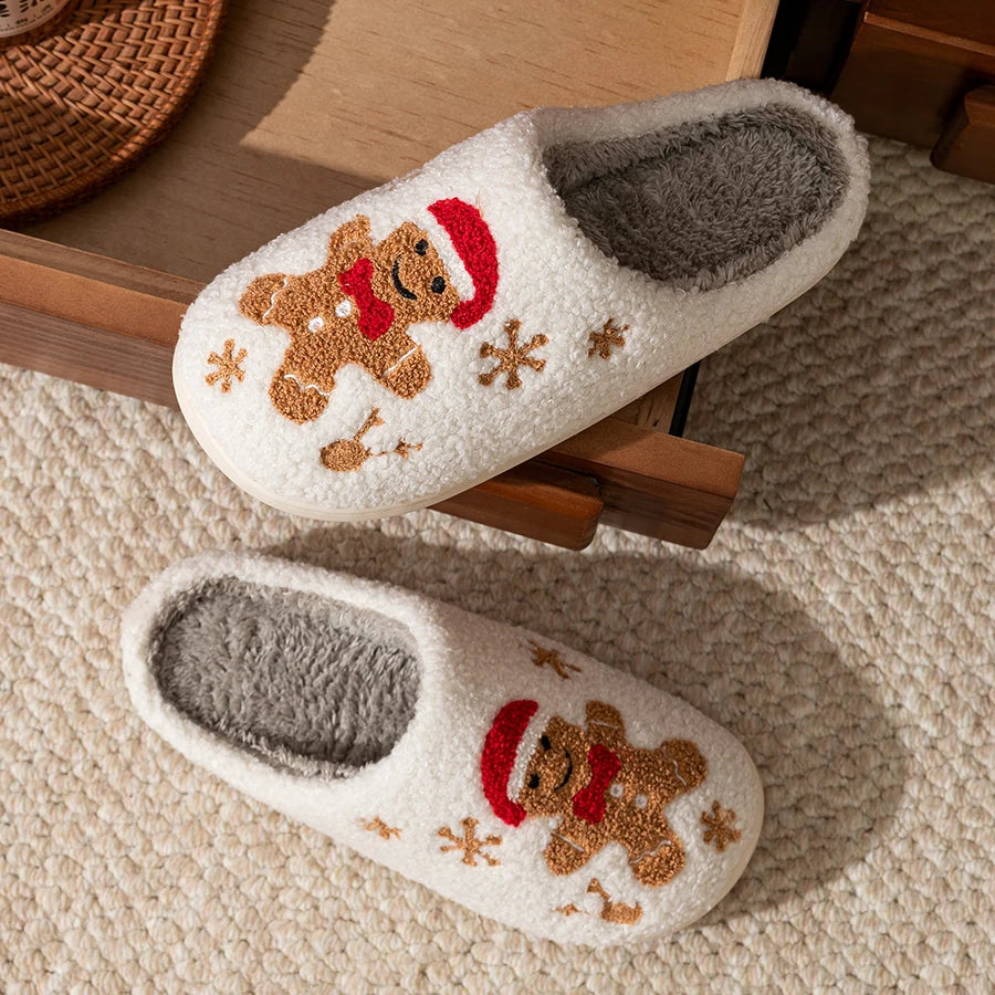 Winter Women's Warm Christmas Slippers Cute Pattern Indoor Soft Sole Comfortable Casual Gingerbread Gift Home Shoes