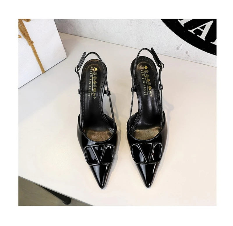 French Elegant And Fashionable V-Shaped Square Buckle Pointed High Heels For Women's Thin Heel Patent Leather Tripping Women's