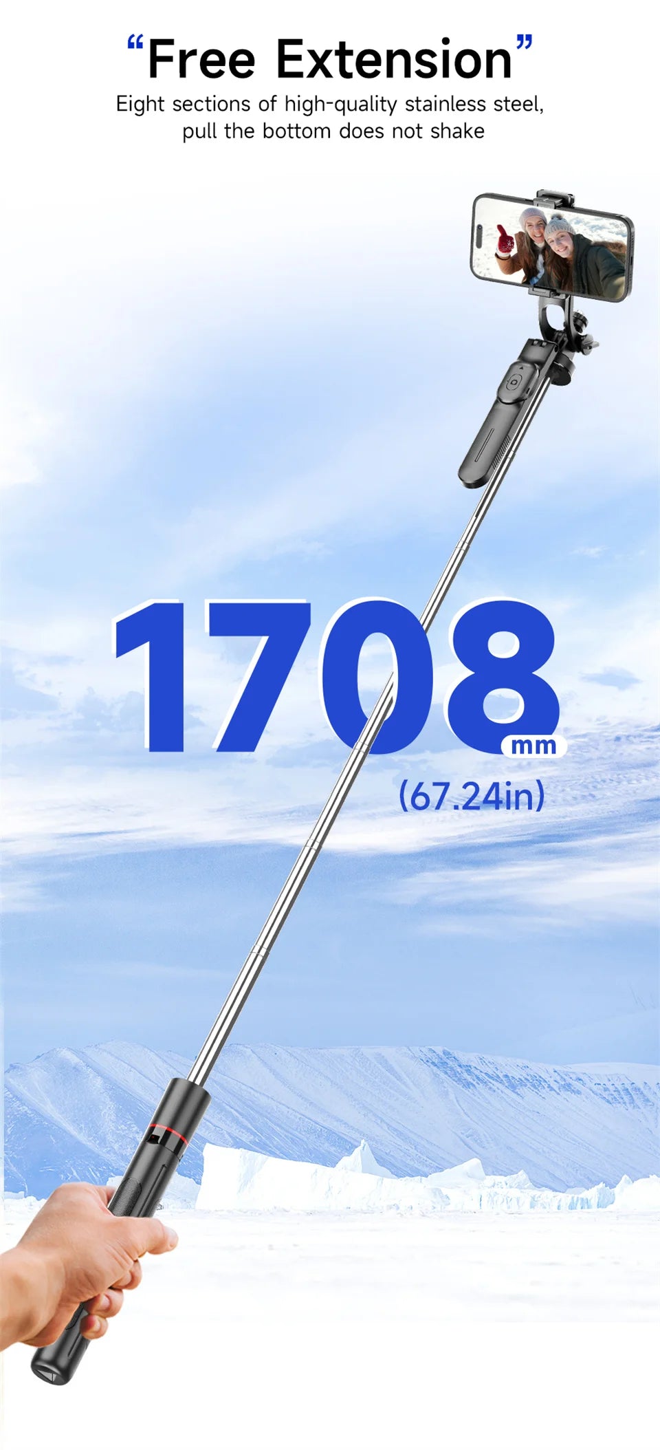 MEUYAG Selfie Stick Tripod with 1708mm Long Monopod Fill Light, Bluetooth Remote, 360° Rotation, 1/4 Interface, for mobile phone
