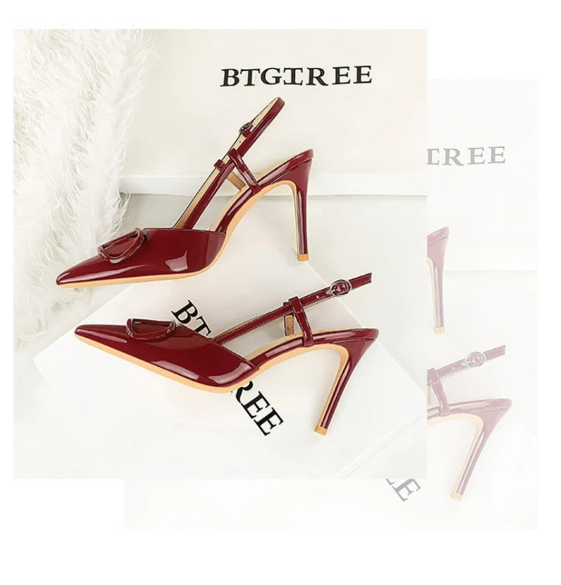 French Elegant And Fashionable V-Shaped Square Buckle Pointed High Heels For Women's Thin Heel Patent Leather Tripping Women's