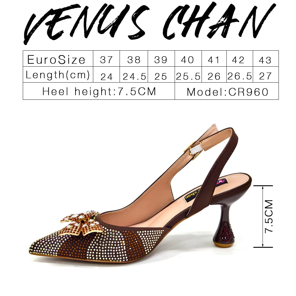 Venus Chan Green Color Pointed-Toe High Women Heels Shoes and Bags for Women Rhinestone Evening Party Elegant Luxury Handbag