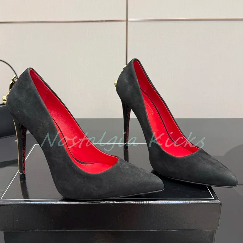 Fashion Suede Stiletto Heel Sword Design Pumps Pointed Toe Metal Embellished Elegant Evening Shoes Party Ladies Dress Shoes