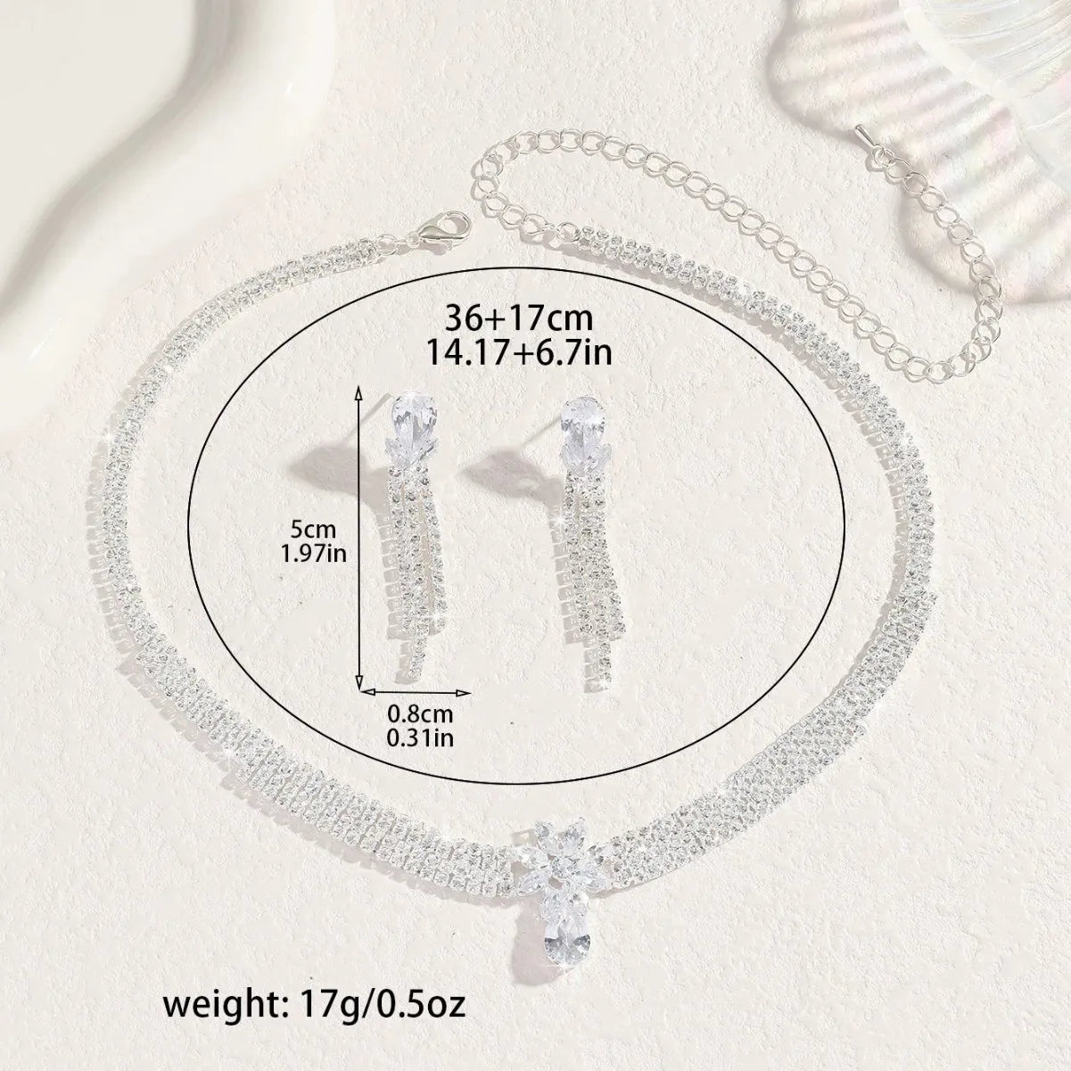 Ladies' Fashionable Silver-Plated And Diamond-Encrusted Metal Necklace, Earrings Set, Bride'S Wedding Attire And Accessories