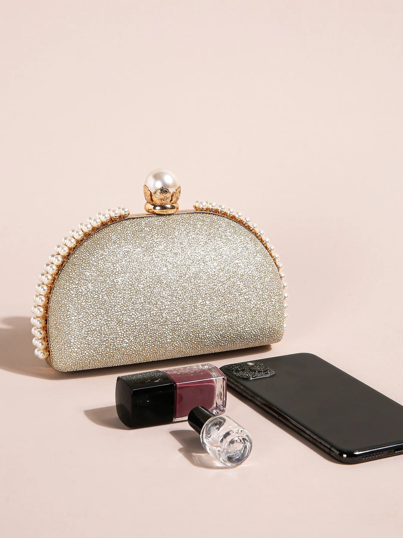 1PC Luxury Faux Pearl Decor Evening Bag,Big Faux Pearl Closure Sparkling Women's Clutch Purse For Wedding Prom Party