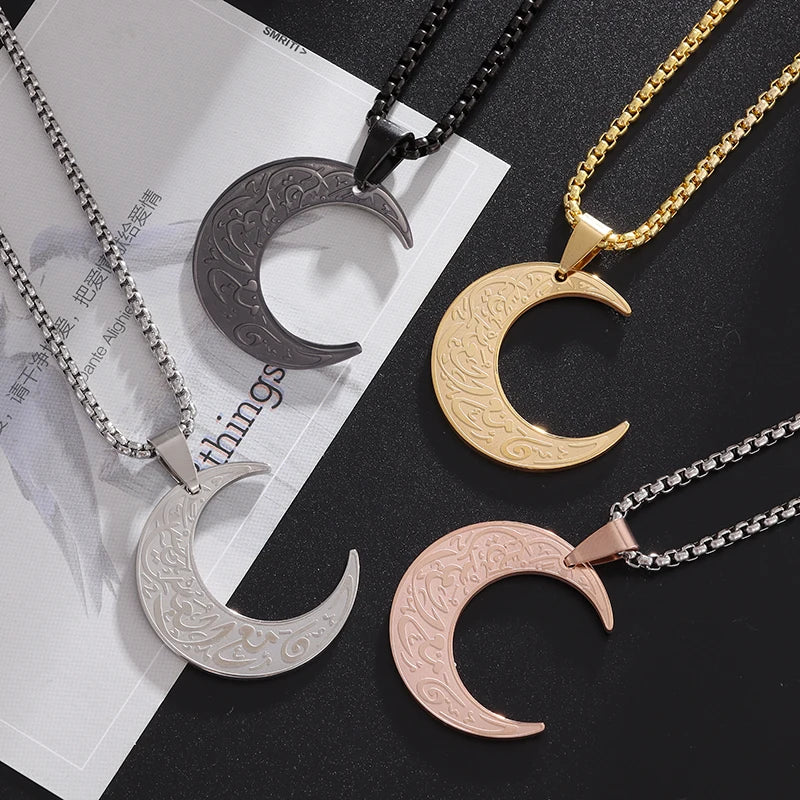 Ayatul Kursi Arabic Religious Moon Pendant Necklace for Women God Messager Islam Muslim Stainless Steel Jewelry