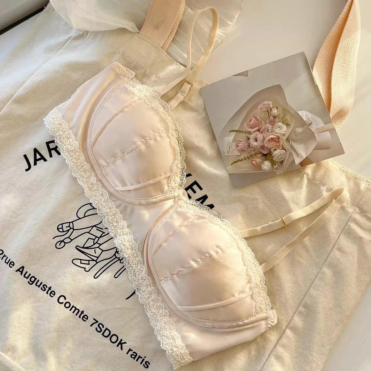 French Satin Seashell Cup Lace Rimmed Lingerie Women's Underwire Thin Half Cup Sexy Girl Bra